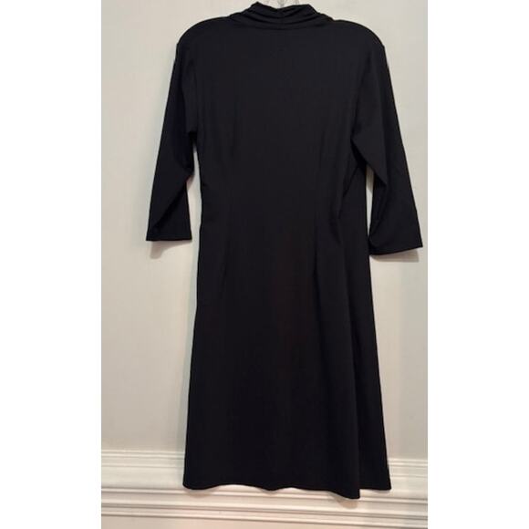 J Mclaughlin Dress Faux Wrap Midi Black Minimalist Capsule Medium 3/4 Sleeve - Picture 2 of 7